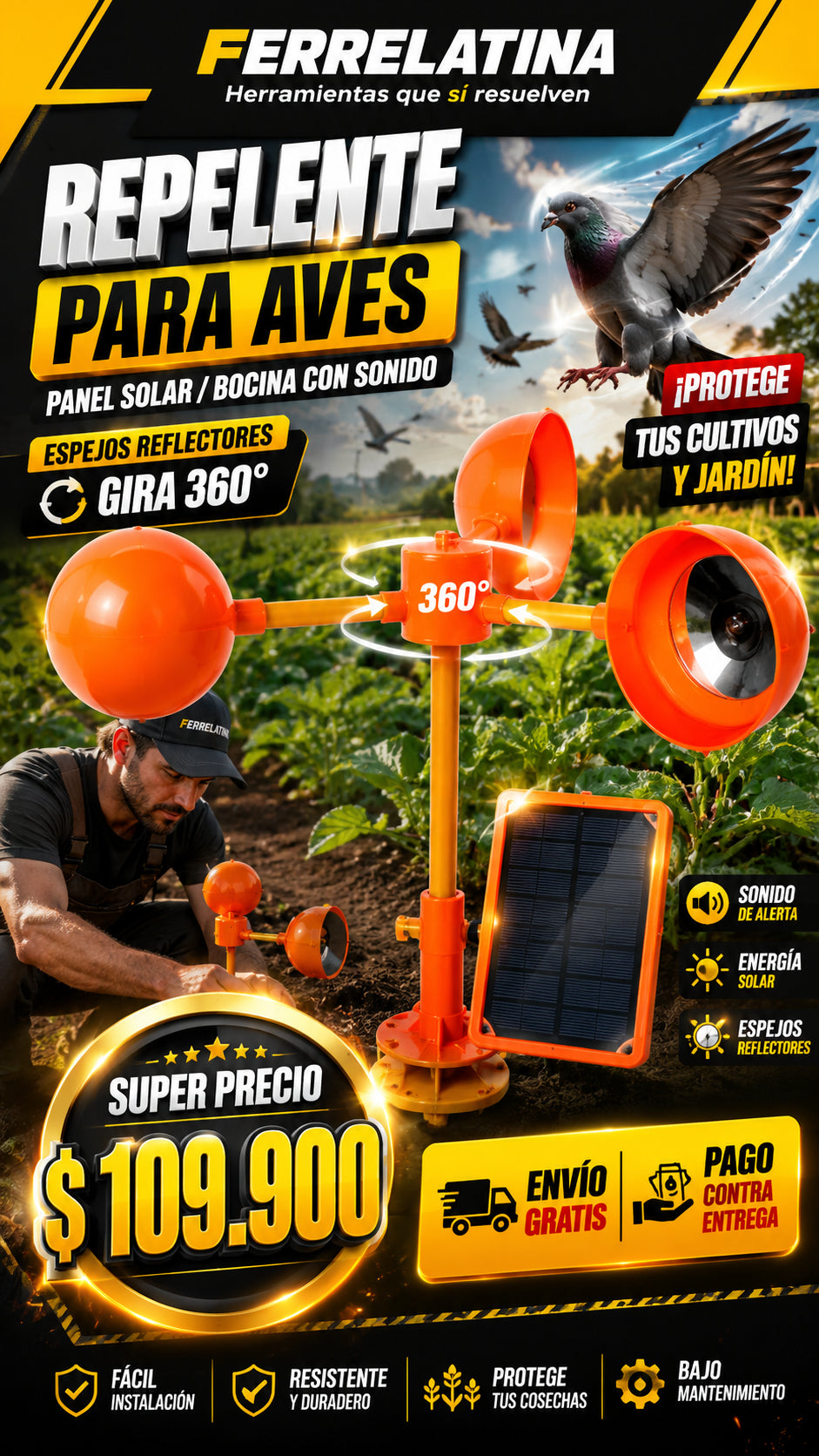 REPELENTE SOLAR PARA AVES