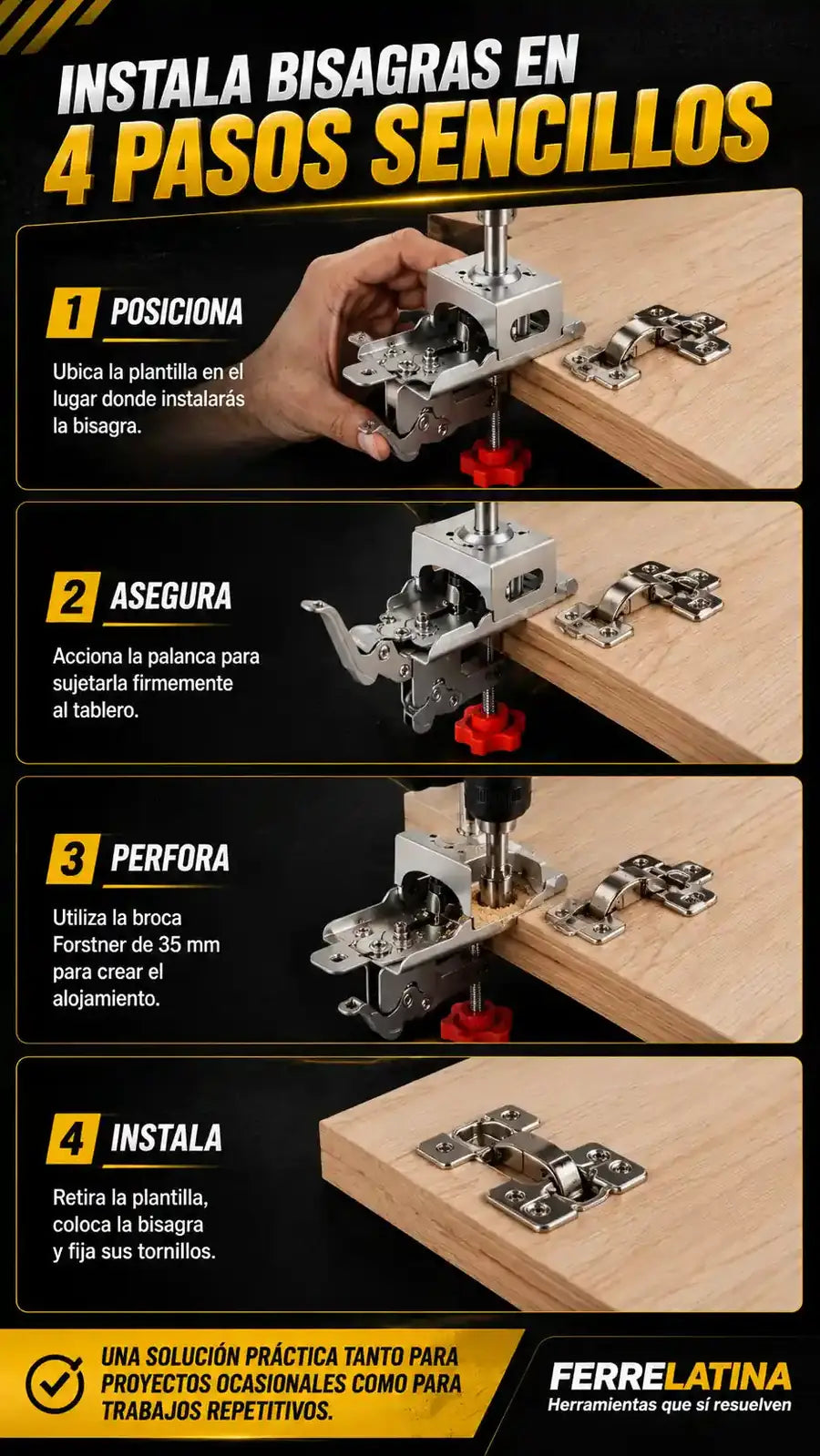Instala bisagras en 4 pasos: posiciona, asegura, perfora e instala