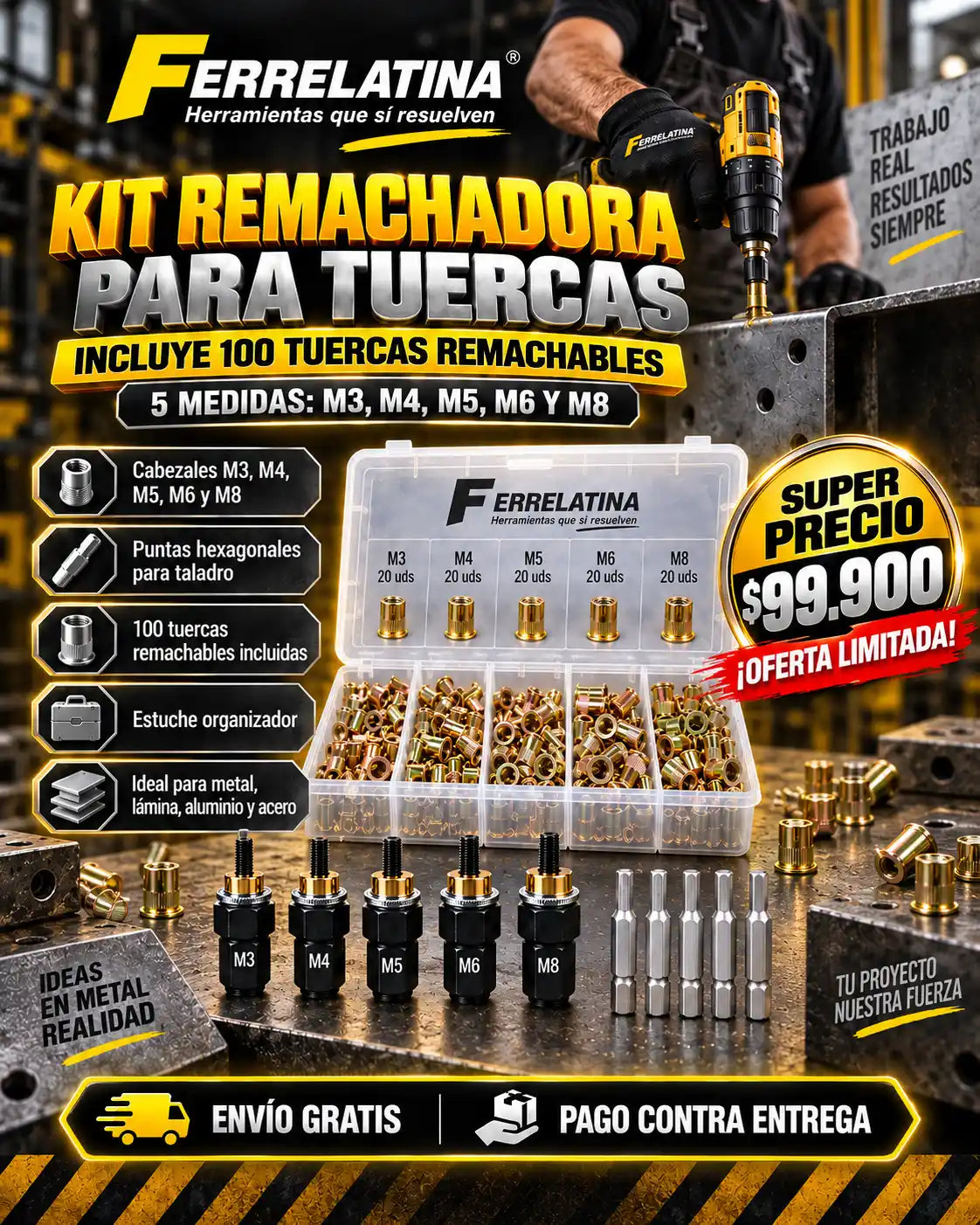 RivetPro – Kit Remachador para Taladro + 100 Tuercas Remachables