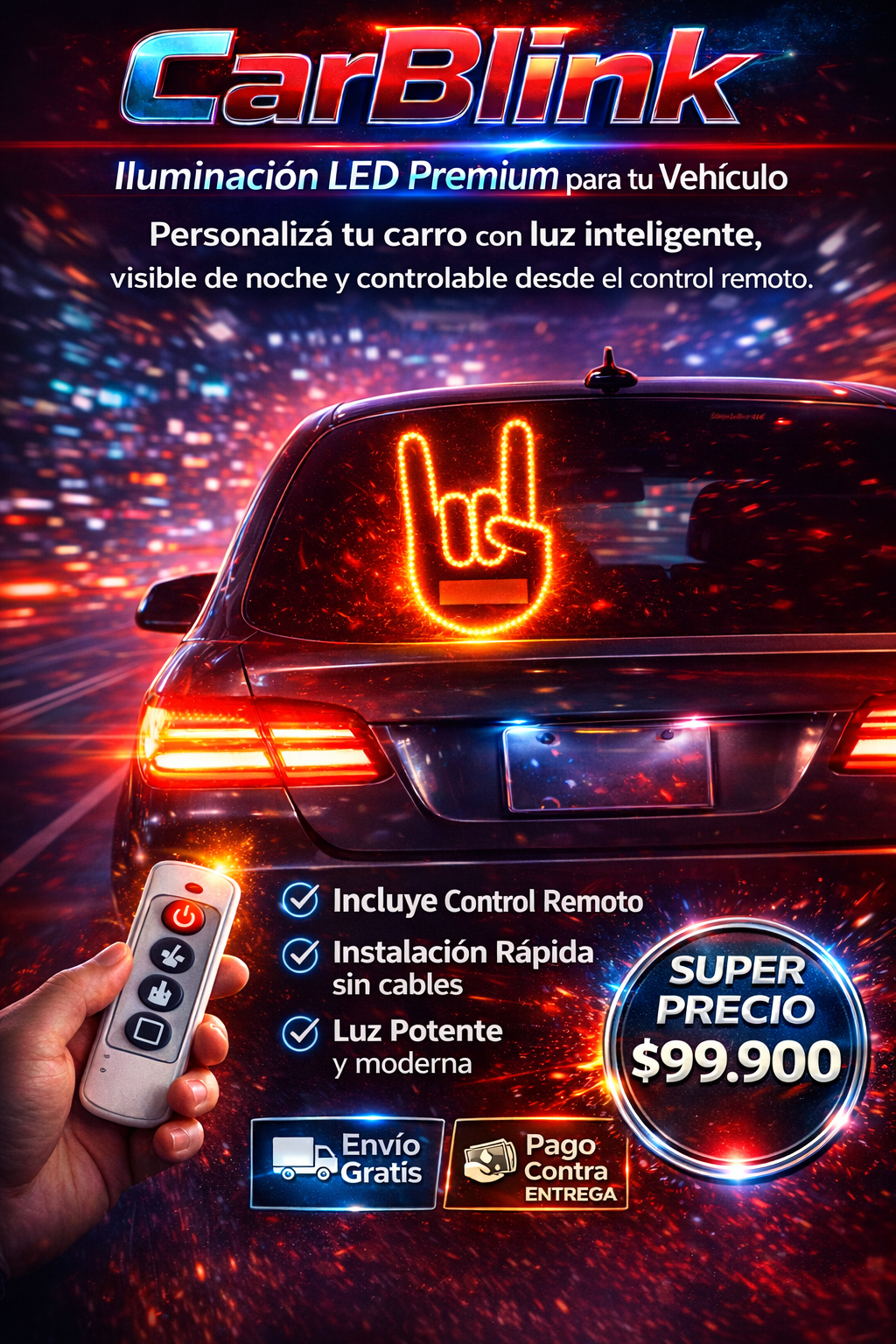 MANO LED PARA CARRO CON CONTROL REMOTO